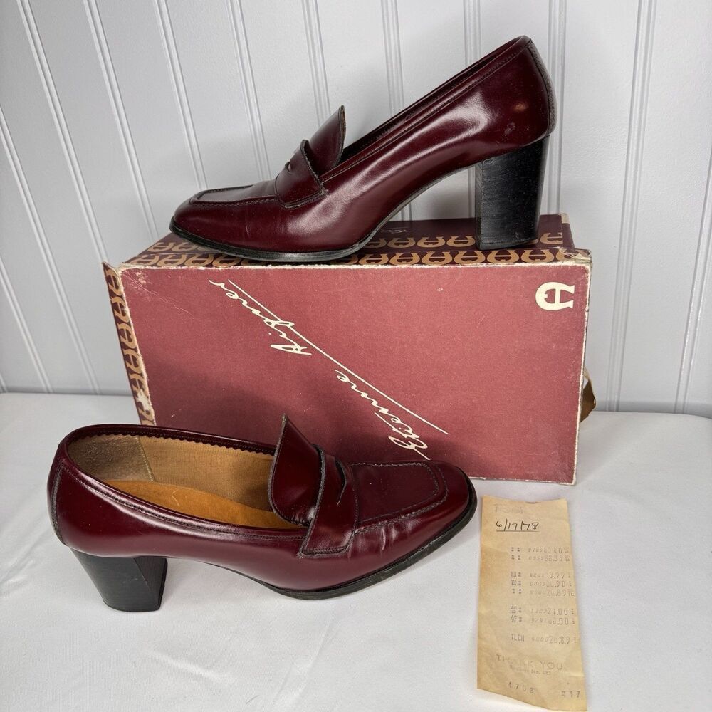 Vtg 1978 Etienne Aigner Calfskin Leather Mid Heel Block EA 647 Burgundy Oxblood